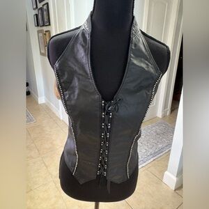 Black Leather Lace-Up Women's Top
